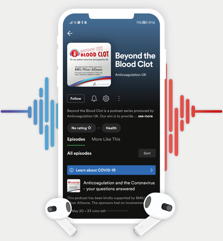 Anticoagulation UK ACUK | Behind the blood clot podcast phone screenshot showing spotify podcast